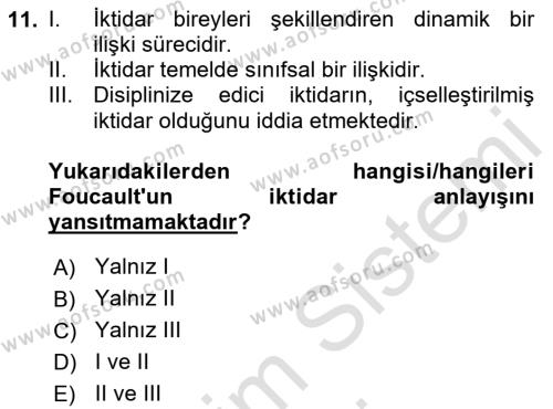 Siyaset Sosyolojisi Dersi 2024 - 2025 Yılı (Vize) Ara Sınavı 11. Soru