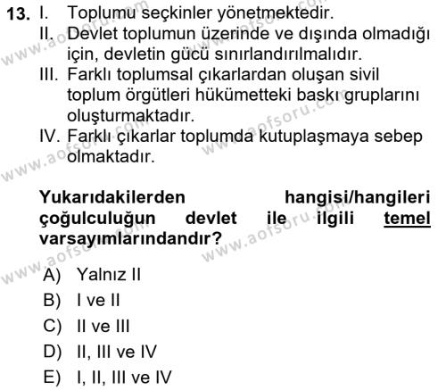 Siyaset Sosyolojisi Dersi 2024 - 2025 Yılı (Vize) Ara Sınavı 13. Soru