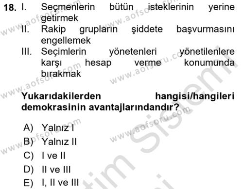 Siyaset Sosyolojisi Dersi 2024 - 2025 Yılı (Vize) Ara Sınavı 18. Soru