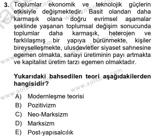 Siyaset Sosyolojisi Dersi 2024 - 2025 Yılı (Vize) Ara Sınavı 3. Soru