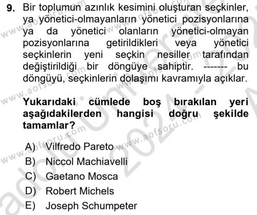 Siyaset Sosyolojisi Dersi 2024 - 2025 Yılı (Vize) Ara Sınavı 9. Soru