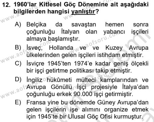 Göç Sosyolojisi Dersi 2021 - 2022 Yılı (Final) Dönem Sonu Sınavı 12. Soru