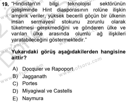 Göç Sosyolojisi Dersi 2021 - 2022 Yılı (Final) Dönem Sonu Sınavı 19. Soru