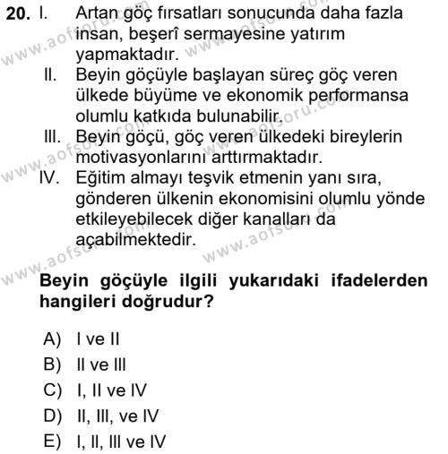 Göç Sosyolojisi Dersi 2021 - 2022 Yılı Yaz Okulu Sınavı 20. Soru