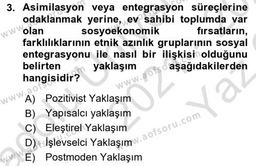 Göç Sosyolojisi Dersi 2021 - 2022 Yılı Yaz Okulu Sınavı 3. Soru