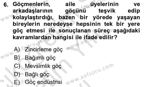 Göç Sosyolojisi Dersi 2021 - 2022 Yılı Yaz Okulu Sınavı 6. Soru