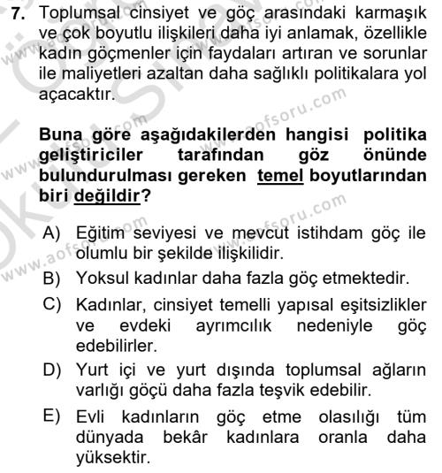 Göç Sosyolojisi Dersi 2021 - 2022 Yılı Yaz Okulu Sınavı 7. Soru