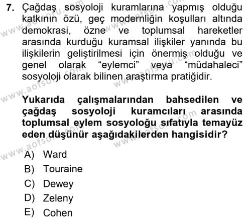 Çağdaş Sosyoloji Kuramları Dersi 2023 - 2024 Yılı (Vize) Ara Sınavı 7. Soru