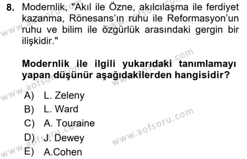 Çağdaş Sosyoloji Kuramları Dersi 2023 - 2024 Yılı (Vize) Ara Sınavı 8. Soru