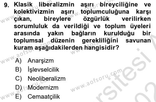 Çağdaş Sosyoloji Kuramları Dersi 2023 - 2024 Yılı (Vize) Ara Sınavı 9. Soru