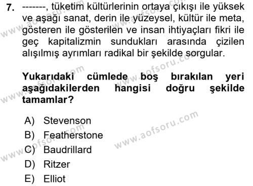 Çağdaş Sosyoloji Kuramları Dersi 2023 - 2024 Yılı (Final) Dönem Sonu Sınavı 7. Soru