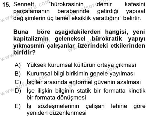 Sosyolojide Yakın Dönem Gelişmeler Dersi 2020 - 2021 Yılı Yaz Okulu Sınavı 15. Soru