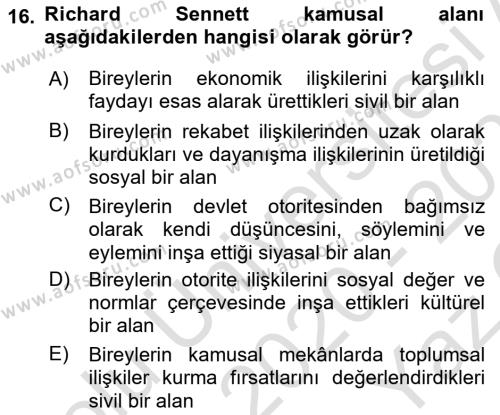 Sosyolojide Yakın Dönem Gelişmeler Dersi 2020 - 2021 Yılı Yaz Okulu Sınavı 16. Soru