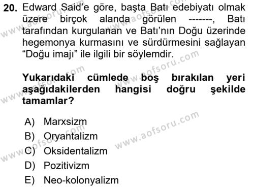 Sosyolojide Yakın Dönem Gelişmeler Dersi 2020 - 2021 Yılı Yaz Okulu Sınavı 20. Soru