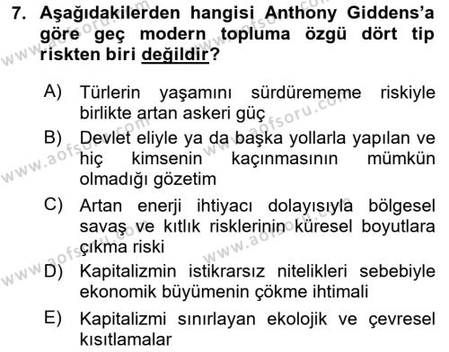 Sosyolojide Yakın Dönem Gelişmeler Dersi 2020 - 2021 Yılı Yaz Okulu Sınavı 7. Soru