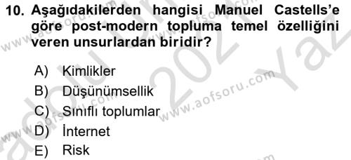 Sosyolojide Yakın Dönem Gelişmeler Dersi 2021 - 2022 Yılı Yaz Okulu Sınavı 10. Soru