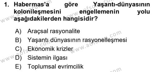 Sosyolojide Yakın Dönem Gelişmeler Dersi 2023 - 2024 Yılı (Final) Dönem Sonu Sınavı 1. Soru