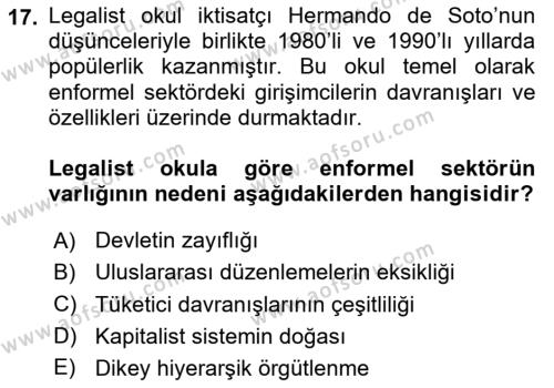 Ekonomi Sosyolojisi Dersi 2020 - 2021 Yılı Yaz Okulu Sınavı 17. Soru