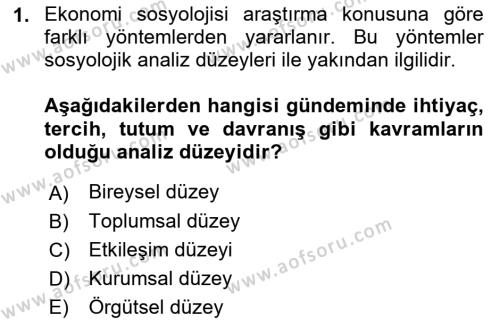 Ekonomi Sosyolojisi Dersi 2023 - 2024 Yılı (Vize) Ara Sınavı 1. Soru