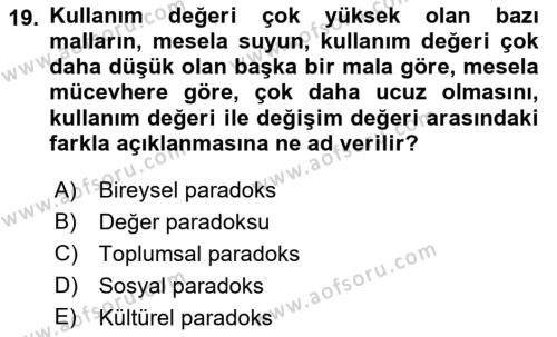 Ekonomi Sosyolojisi Dersi 2023 - 2024 Yılı (Vize) Ara Sınavı 19. Soru