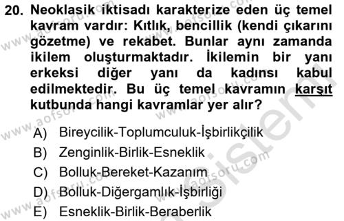 Ekonomi Sosyolojisi Dersi 2023 - 2024 Yılı (Vize) Ara Sınavı 20. Soru