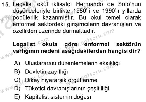 Ekonomi Sosyolojisi Dersi 2024 - 2025 Yılı (Vize) Ara Sınavı 15. Soru