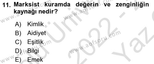 Toplumsal Tabakalaşma ve Eşitsizlik Dersi 2022 - 2023 Yılı Yaz Okulu Sınavı 11. Soru