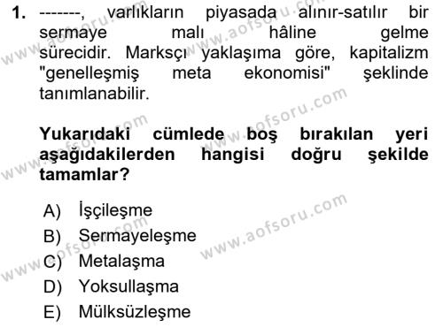 Toplumsal Tabakalaşma ve Eşitsizlik Dersi 2023 - 2024 Yılı (Final) Dönem Sonu Sınavı 1. Soru