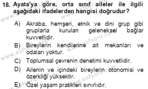 Aile Sosyolojisi Dersi 2019 - 2020 Yılı Yaz Okulu Sınavı 18. Soru