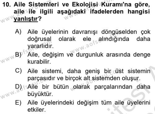 Aile Sosyolojisi Dersi 2021 - 2022 Yılı Yaz Okulu Sınavı 10. Soru