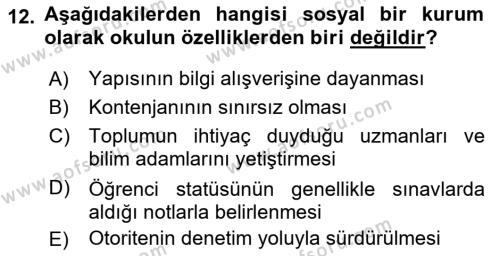 Aile Sosyolojisi Dersi 2021 - 2022 Yılı Yaz Okulu Sınavı 12. Soru