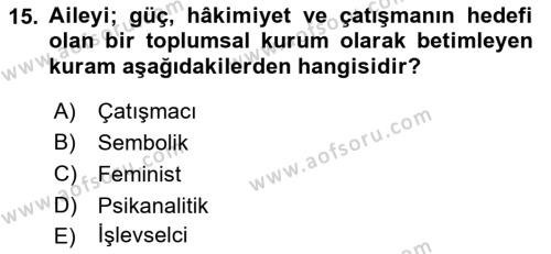 Aile Sosyolojisi Dersi 2023 - 2024 Yılı (Vize) Ara Sınavı 15. Soru