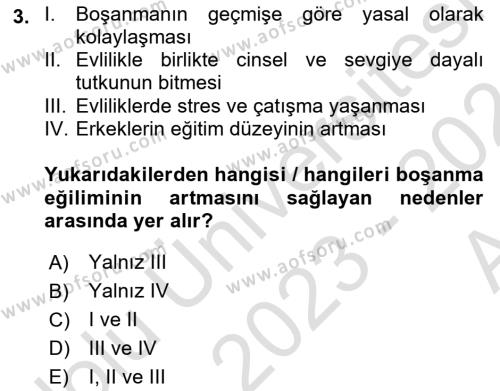 Aile Sosyolojisi Dersi 2023 - 2024 Yılı (Vize) Ara Sınavı 3. Soru