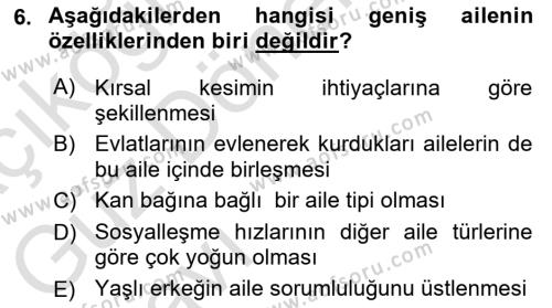 Aile Sosyolojisi Dersi 2023 - 2024 Yılı (Vize) Ara Sınavı 6. Soru