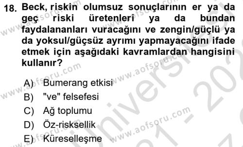 Endüstri Sosyolojisi Dersi 2021 - 2022 Yılı Yaz Okulu Sınavı 18. Soru