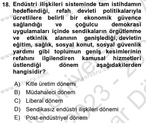 Endüstri Sosyolojisi Dersi 2023 - 2024 Yılı (Vize) Ara Sınavı 18. Soru