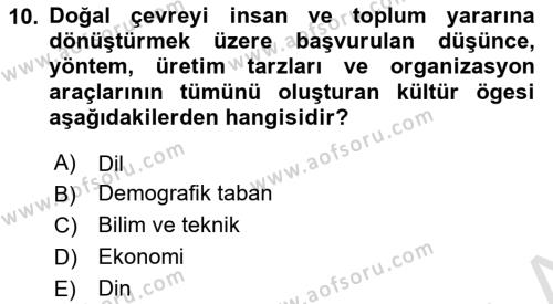 Kültür Sosyolojisi Dersi 2020 - 2021 Yılı Yaz Okulu Sınavı 10. Soru