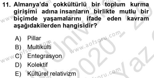 Kültür Sosyolojisi Dersi 2020 - 2021 Yılı Yaz Okulu Sınavı 11. Soru