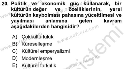 Kültür Sosyolojisi Dersi 2020 - 2021 Yılı Yaz Okulu Sınavı 20. Soru