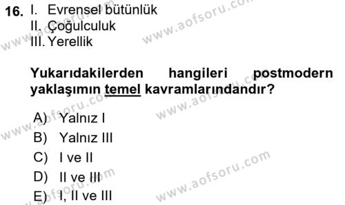 Kültür Sosyolojisi Dersi 2021 - 2022 Yılı (Vize) Ara Sınavı 16. Soru