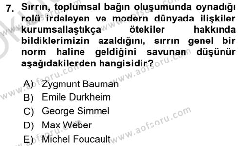 Kültür Sosyolojisi Dersi 2021 - 2022 Yılı Yaz Okulu Sınavı 7. Soru