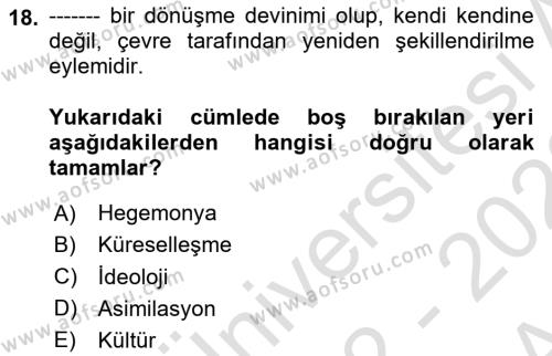 Kültür Sosyolojisi Dersi 2022 - 2023 Yılı (Vize) Ara Sınavı 18. Soru