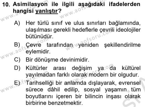 Kültür Sosyolojisi Dersi 2022 - 2023 Yılı Yaz Okulu Sınavı 10. Soru