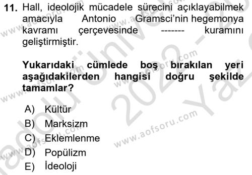 Kültür Sosyolojisi Dersi 2022 - 2023 Yılı Yaz Okulu Sınavı 11. Soru