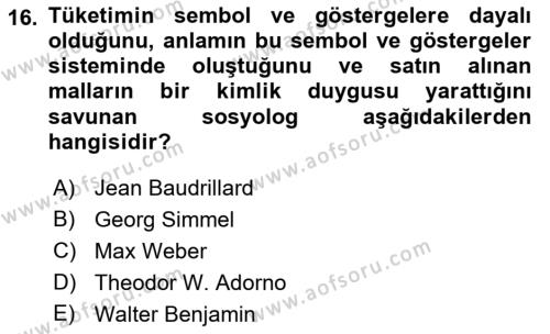 Kültür Sosyolojisi Dersi 2022 - 2023 Yılı Yaz Okulu Sınavı 16. Soru