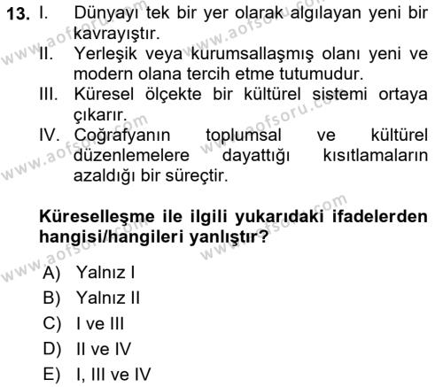 Kültür Sosyolojisi Dersi 2024 - 2025 Yılı (Vize) Ara Sınavı 13. Soru