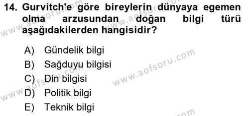 Kültür Sosyolojisi Dersi 2024 - 2025 Yılı (Vize) Ara Sınavı 14. Soru