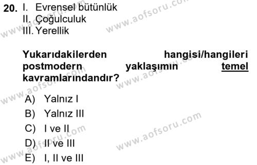 Kültür Sosyolojisi Dersi 2024 - 2025 Yılı (Vize) Ara Sınavı 20. Soru