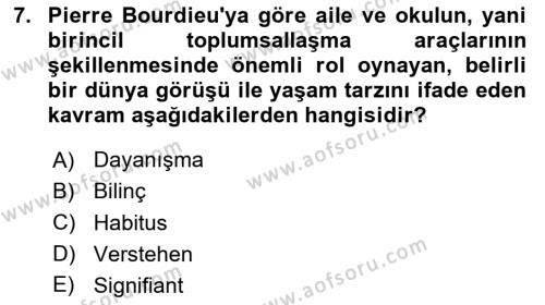 Kültür Sosyolojisi Dersi 2024 - 2025 Yılı (Vize) Ara Sınavı 7. Soru