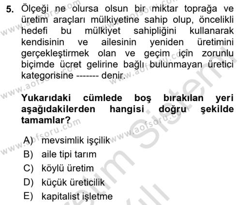 Kent Sosyolojisi Dersi 2021 - 2022 Yılı Yaz Okulu Sınavı 5. Soru